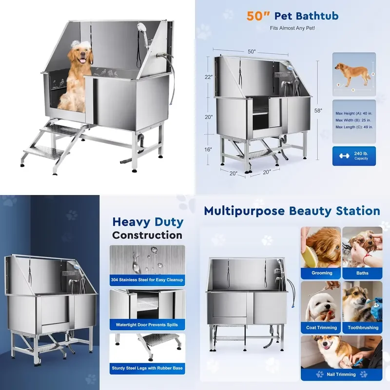Custom Luxury Stainless Steel Dog Grooming Tub Eco Friendly Design 260L Capacity for Large Dogs Indoor Outdoor Use