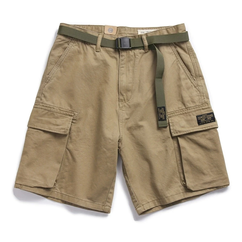 Japanese Style Summer Workwear Shorts Men's Retro Loose Straight Large Pocket Casual Cargo Short Pants Cotton Adjustable Belt