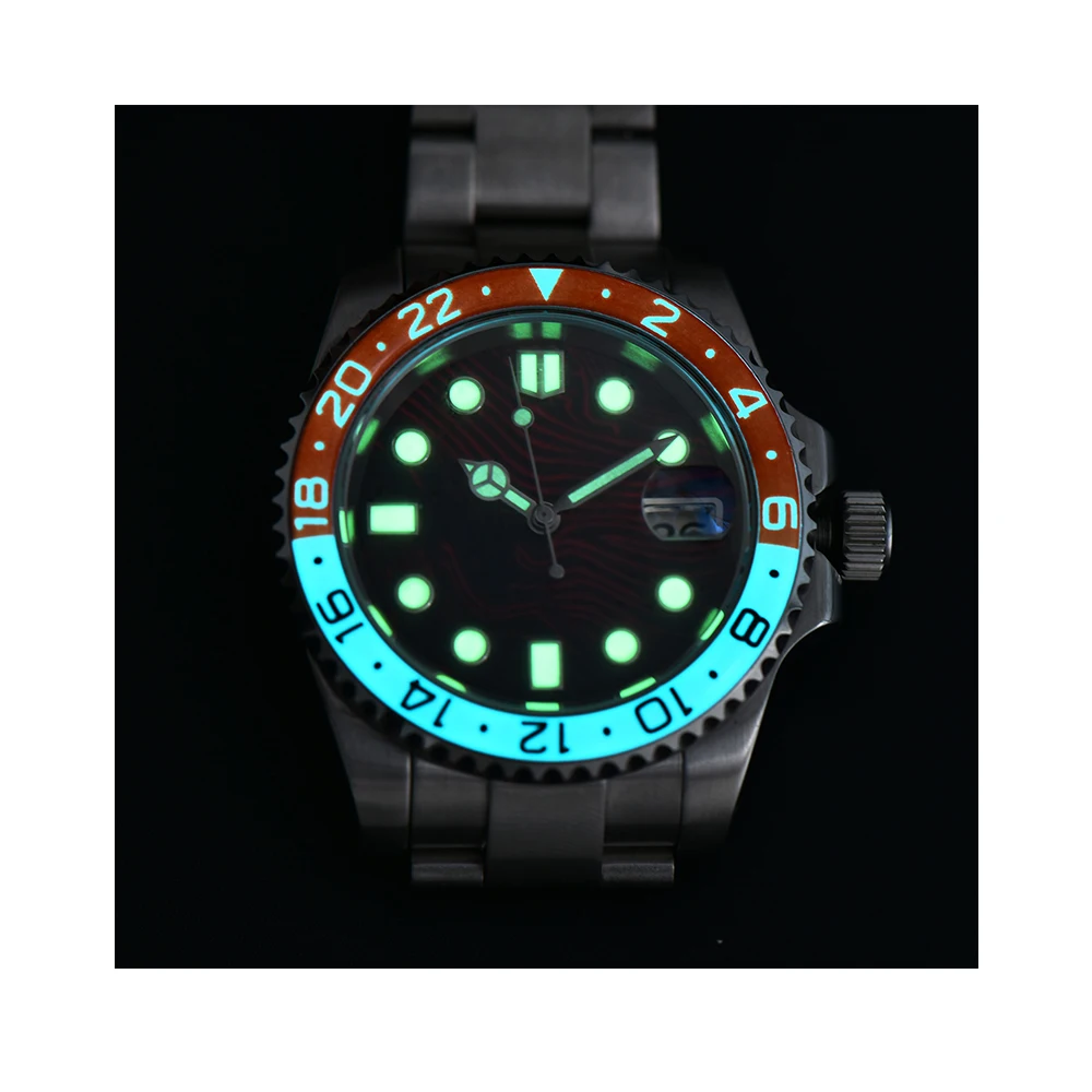 OUMASHI 40mm Red Line Full Night Glow Bezel Men\'s Automatic Mechanical Watch NH35A Stainless Steel Sapphire Glass