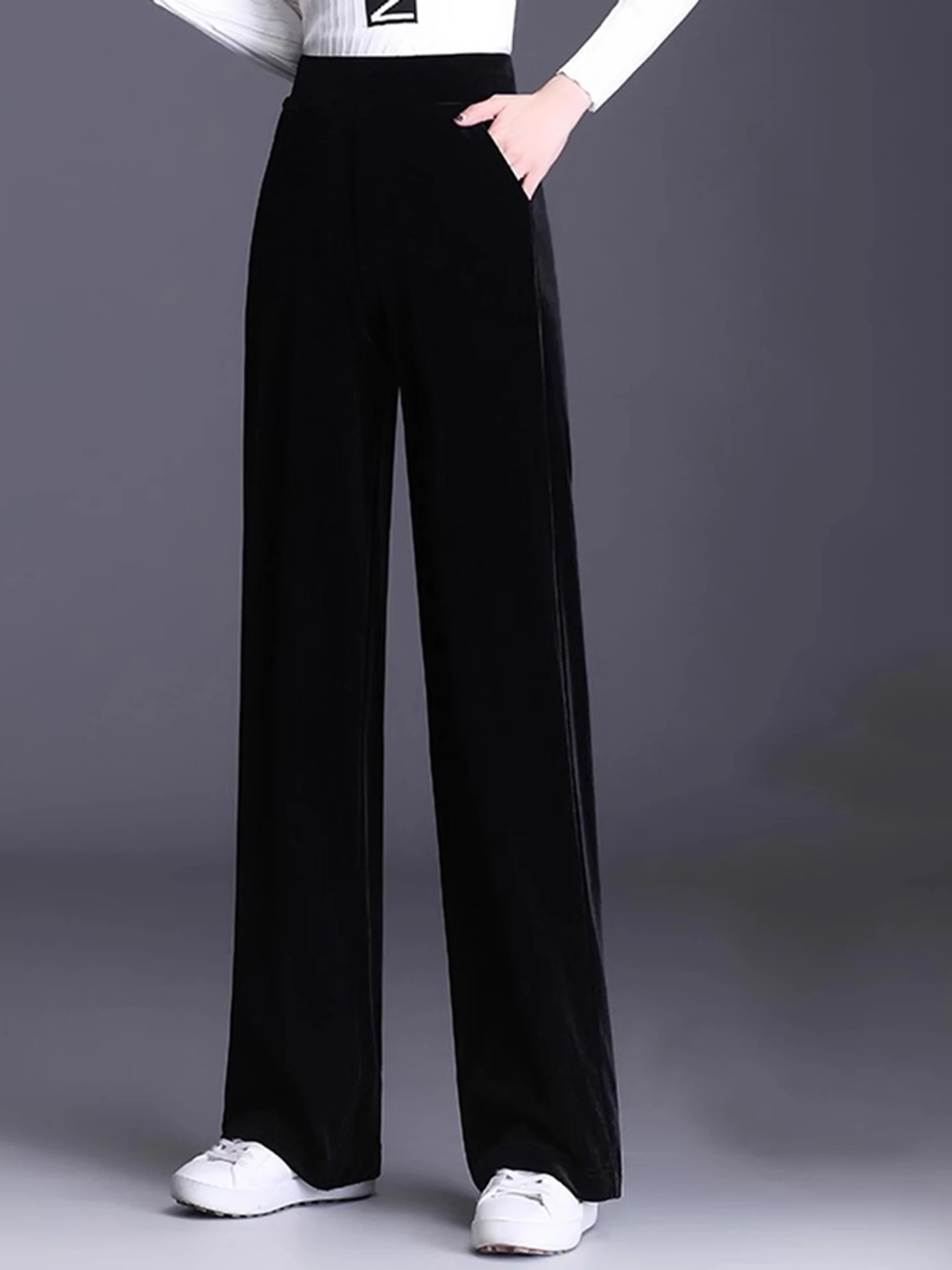 シルクベルベットワイドレッグパンツ レディース スリムフィット ドレープ ハイウエスト 春秋新作 裏地付き カジュアル ストレートレッグ...