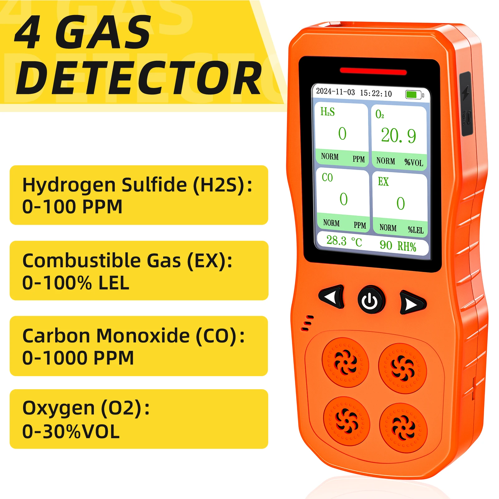 4 Gas Monitor for O2, CO, H2S, Combustible Gas Tester, Rechargeable 4 Gas Leak Detector with Sound,Light & Vibration Alarm