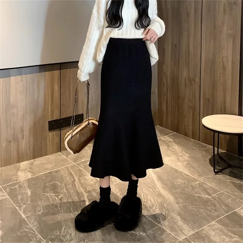 Zwarte Midi Rokken Vrouwen Herfst Winter Gebreide Zachte Faldas Fishtail Temper All-Match Streetwear Mode Koreaanse Stijl Elegant