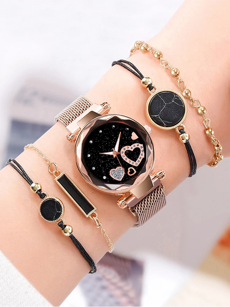 5pcs Women\'s Fashion Starry Sky Love Absorbent Iron Mesh with Quartz Watch+Bracelet Combination Set