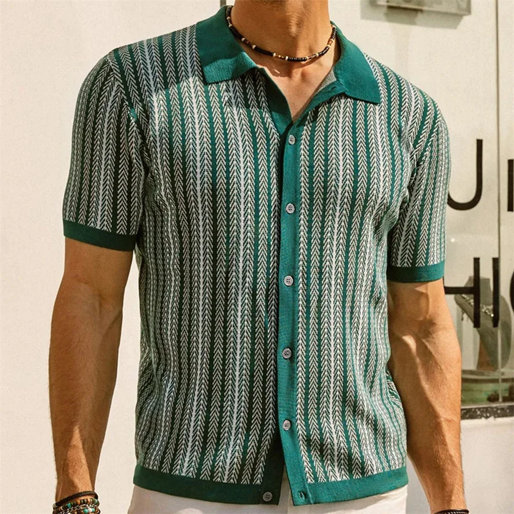 Men's high-end short-sleeved knitwear Summer new striped jacquard business shirt Fashion commuter men's top