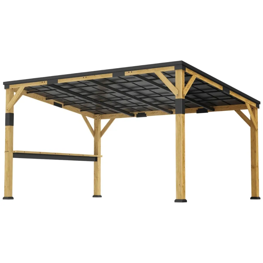 

Деревянная беседка 10' x 14' с жесткой крышей, навесом-перголой и наклонной крышей из оцинкованной стали, с полкой, отделка натуральным деревом, для улицы