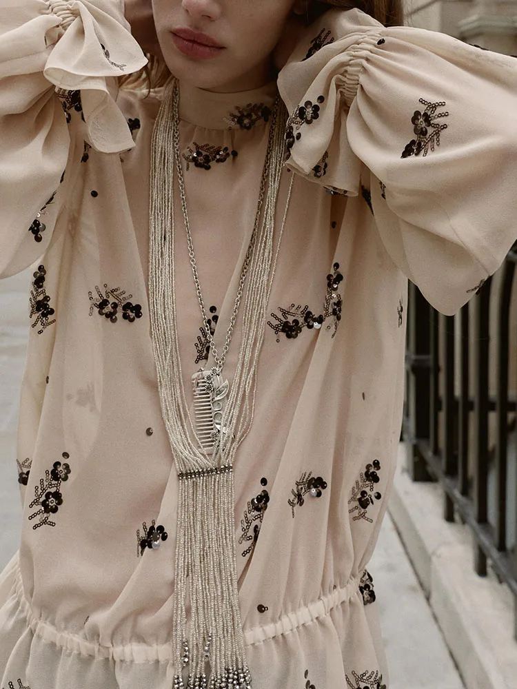 Inverno 2025 Novo feminino Faionable Long Sve Stand Collar Frisado Semi-Transparente irt Traje de Palco Étnico Premium Ladie...