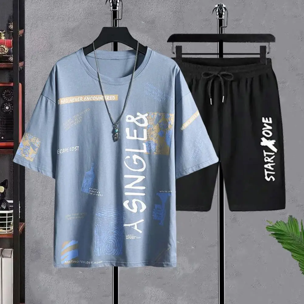 Men T-shirt Shorts Set Men's Letter Print Sport Suit with O-neck Tee Shirt Elastic Waist Shorts Set for Active Lifestyle Sports