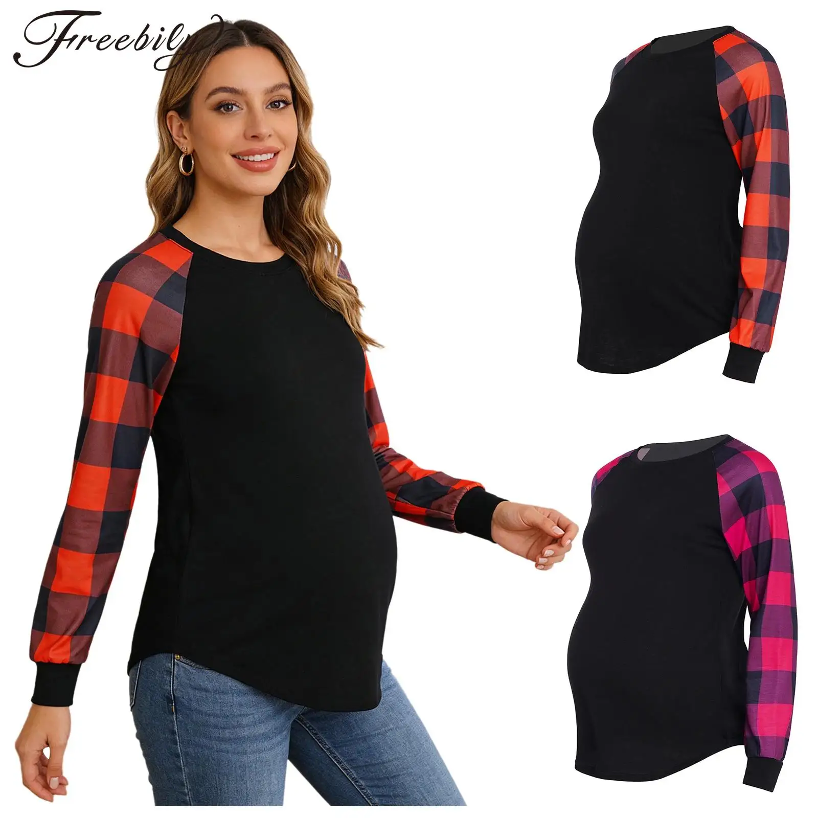

Клетчатая футболка с длинными рукавами для беременных, повседневные блузки с круглым вырезом и изогнутым подолом, топы, весенне-осенняя одежда для беременных, повседневная одежда