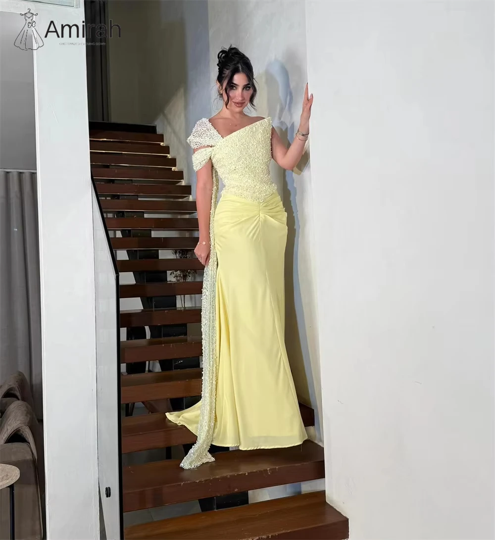 Abito da sera in tulle a coda di pesce Amirah Abiti da sera da donna di lusso su misura di lusso 2025 Abito da ballo con nastro con spalle scoperte 2025