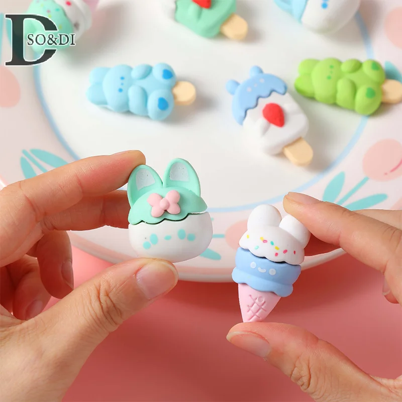 4Pcs Cute Cartoon Dessert Bunny Eraser Creative Rubber Eraser Kawaii Ice Cream Pencil Erasers Student Stationery Office Supplies