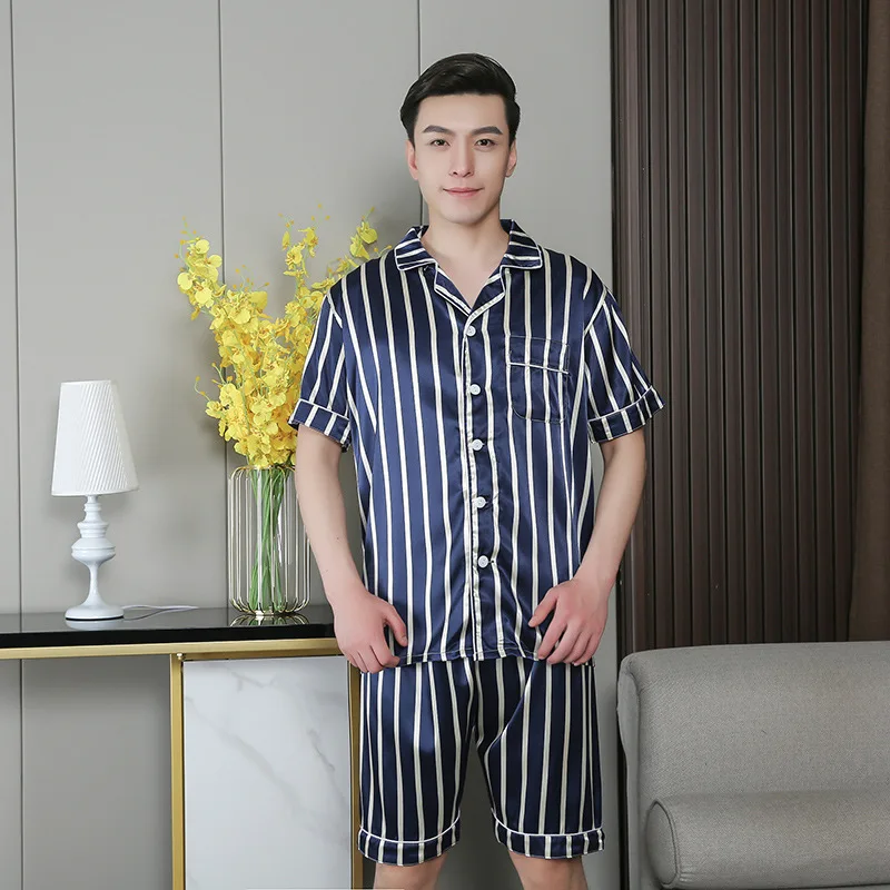 

New summer men Ice silk pajamas plus size 6XL 7XL striped floral dot short sleeve sleepwear homewear pajamas set comfortable 54