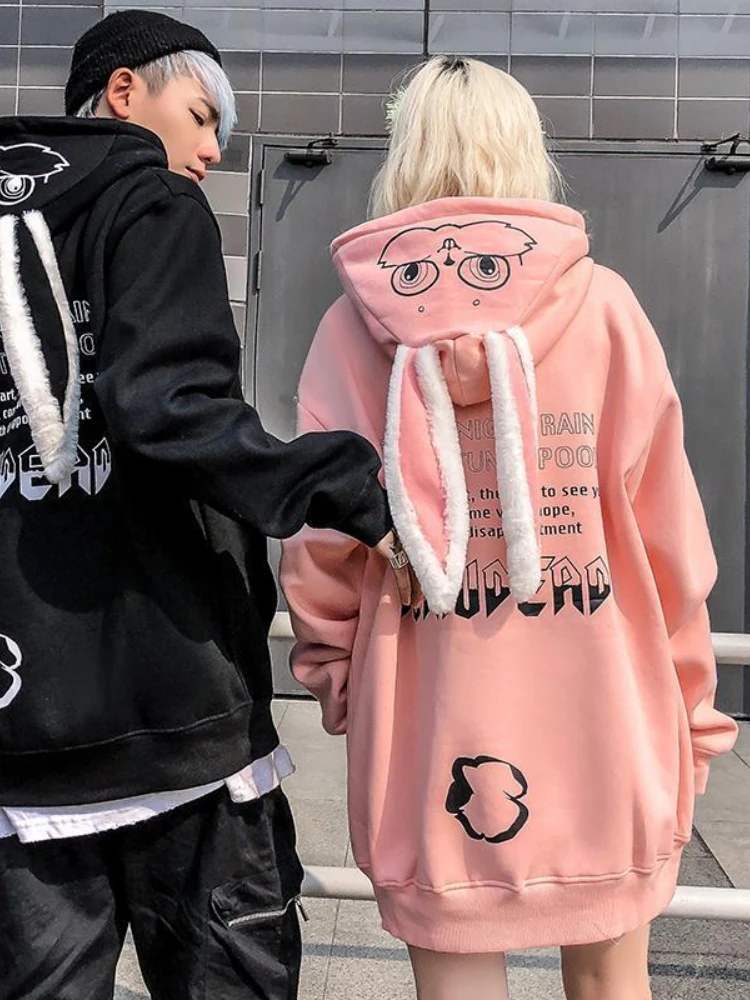 HOUZHOU-Hoodie feminino de orelhas de coelho kawaii, moletom de grandes dimensões Harajuku, roupa Kpop Gothic Couple, streetwear, outono, inverno