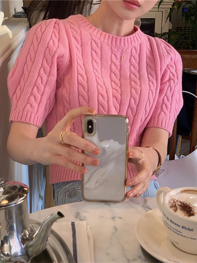 Colorfaith T9546DG nuovo 2024 Chic rosa manica a sbuffo moda coreana elegante signora ritaglio t-shirt donna primavera estate top corti