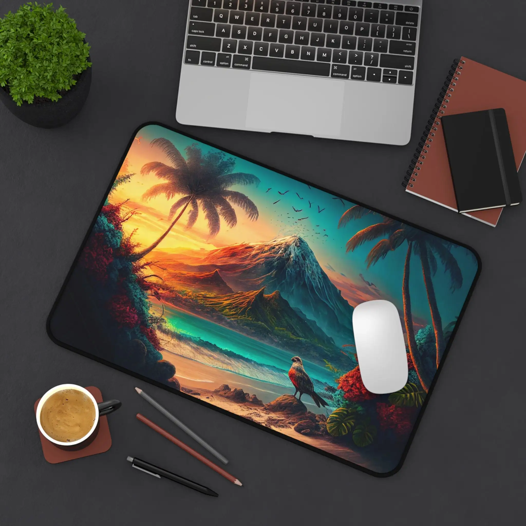 Cute Volcanic Island Desk Mat, Large Tropical Mouse Pad, Gaming Desk Mat, Volcanic Mouse Pad, Beautiful Desktop Protective Mat
