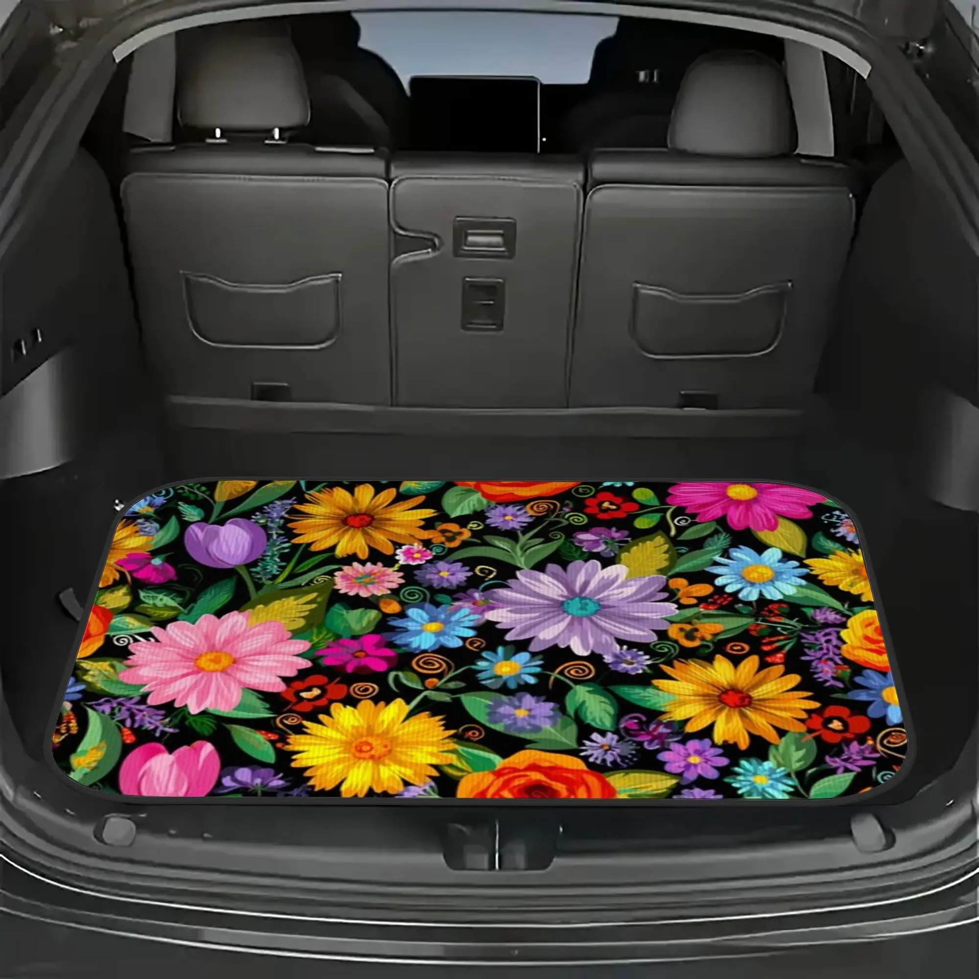 Car Trunk Mat, An Image Of A Colorful Floral Pattern On A Black Background Print Trunk Liner- Durable, Cargo Mat, Suitable For C