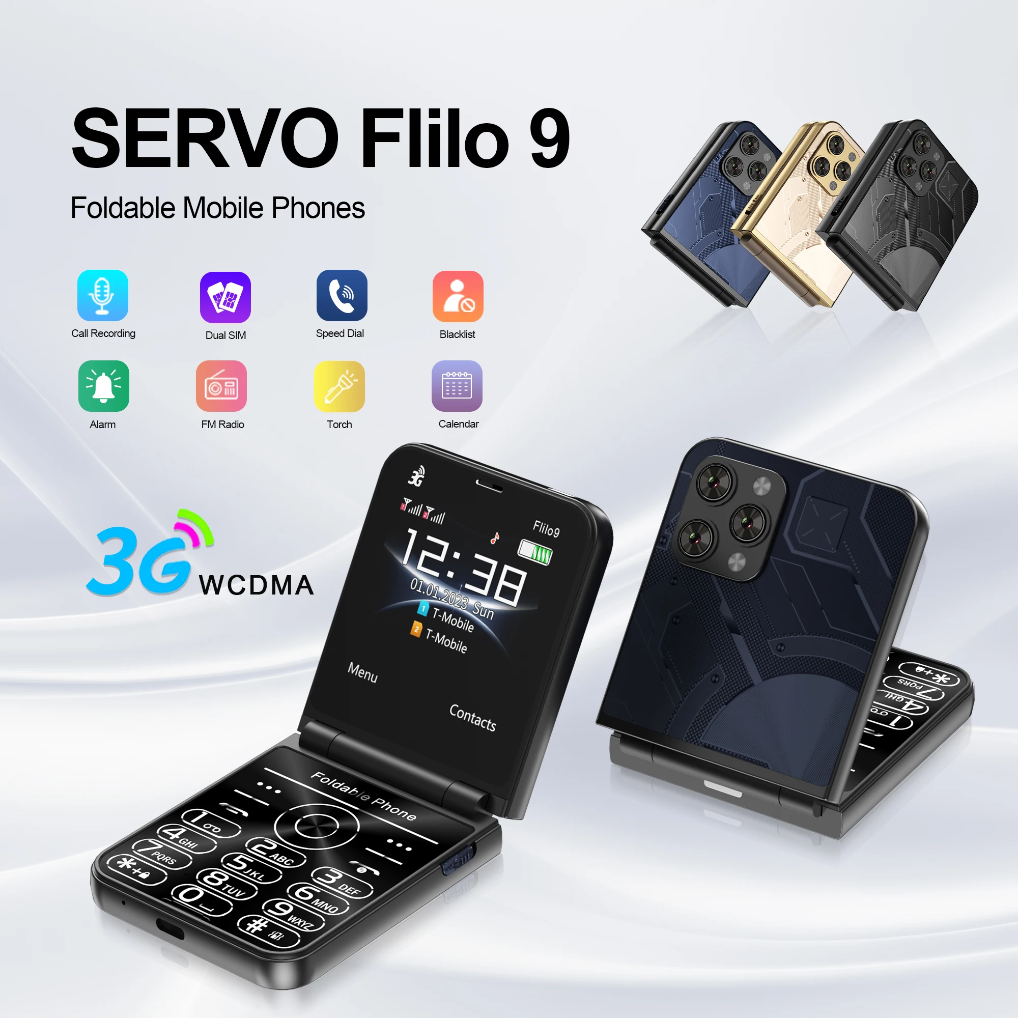 SERVO Flilo9 3G WCDMA Flip Mobile Phone 2 SIM Standby Blacklist MP4 Call Recorder FM Radio Speed Dial Clamshell Button Cellphone