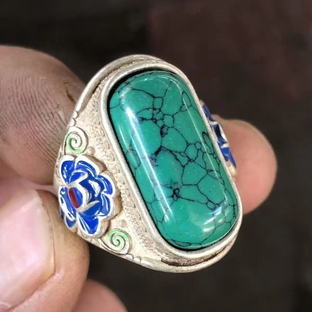 Classic Tibetan Silver Cloisonn Inlaid Ring Ring with Removable Mouth, Exquisite Gift for Men and Women