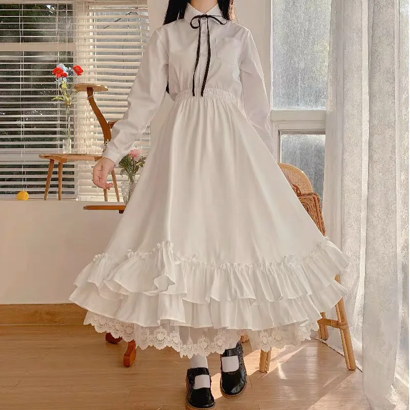 Koreanischer Stil, schwarz-weißer Halbrock, langer Rock für Damen, japanischer, einfarbiger, doppellagiger, Vintage-Rock im französischen Stil mit Rüschen, A-Linien-Schnitt. – Detail 14