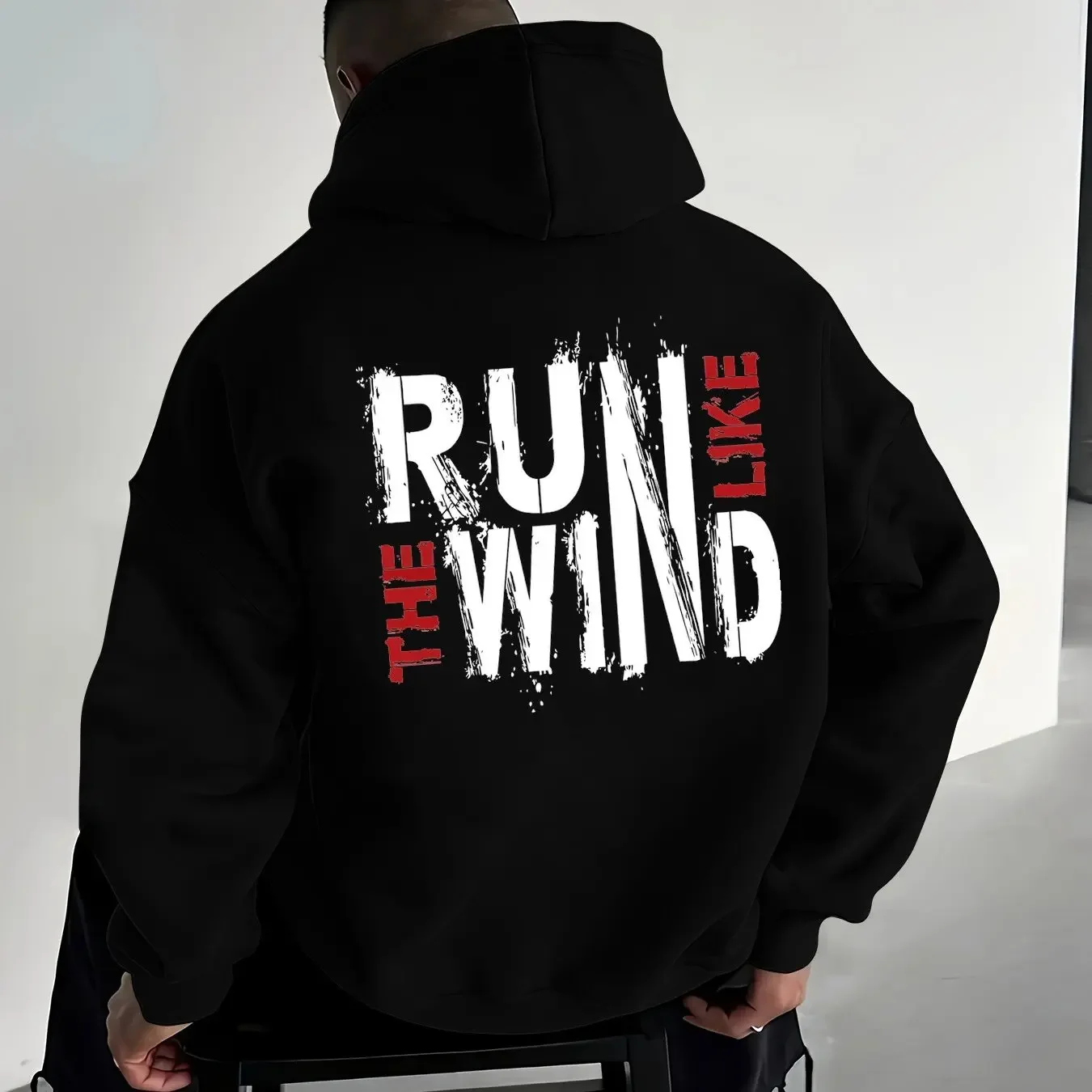 Run Like The Wind Distressed Letter Print Hoodie Men Casual Loose Long Sleeve Streetwear Back Graphic Pullover Sweatshirt