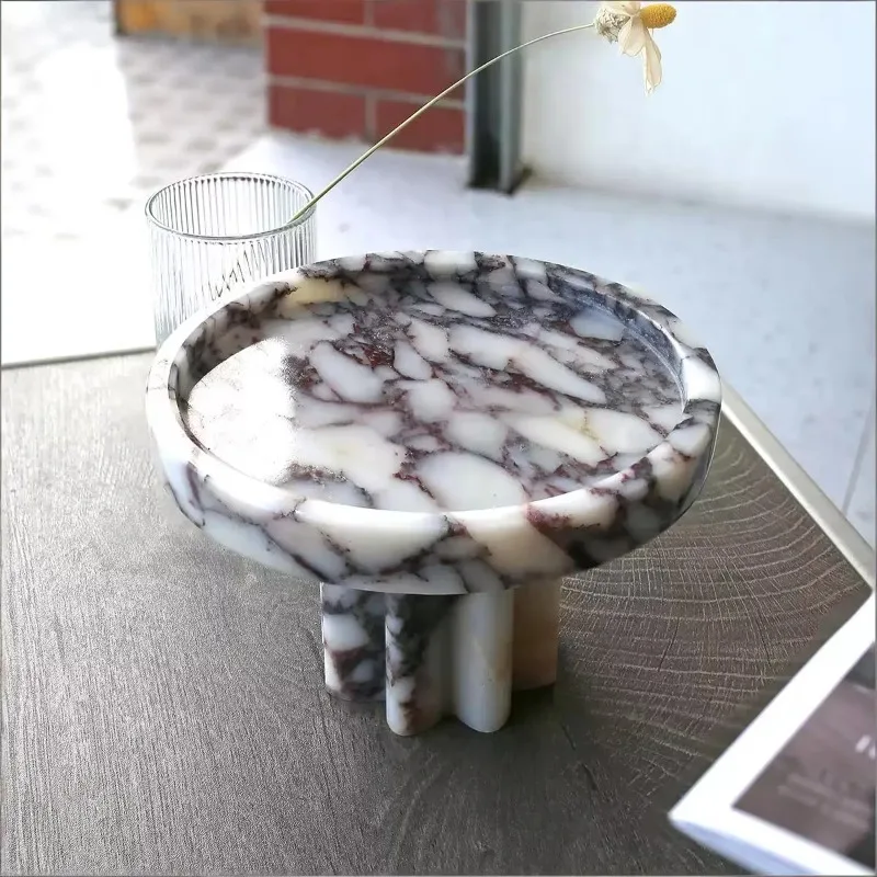 Deluxe Caracatta Violet Marble Tray Round Decorative Tray for Cakes, Pastries and Kitchen Storage
