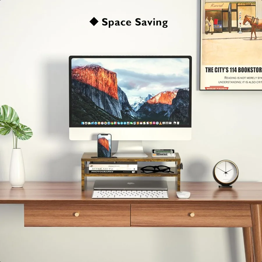 حامل شاشة BONTEC مكون من طبقتين حامل شاشة خشبي مع منظم تخزين لسطح المكتب وحامل شاشة مريح مع C
