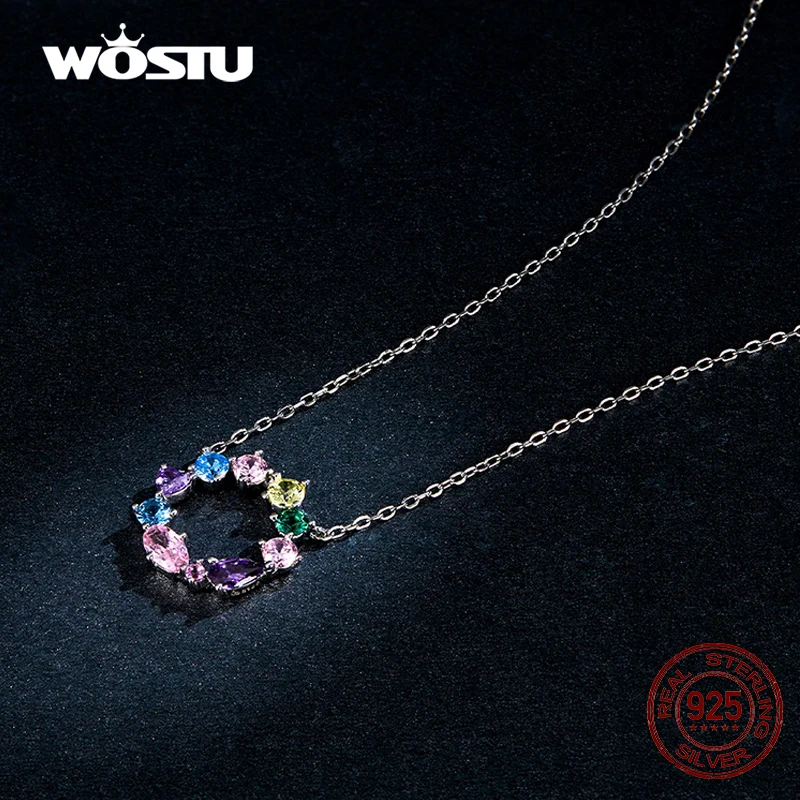 WOSTU 17.7''Genuine 925 Sterling Silver Lucky Wreath Pendant Necklace for Women Colorful Zircon Necklace Fine Birthday Gifts