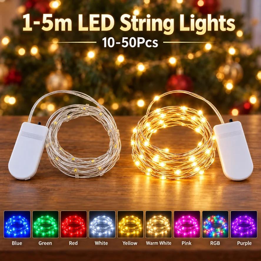 10-50Pcs 1-5M LED Fairy String Lights Copper Wire Battery Operated String Lights for Christmas Wedding Party Bedroom Home Decor