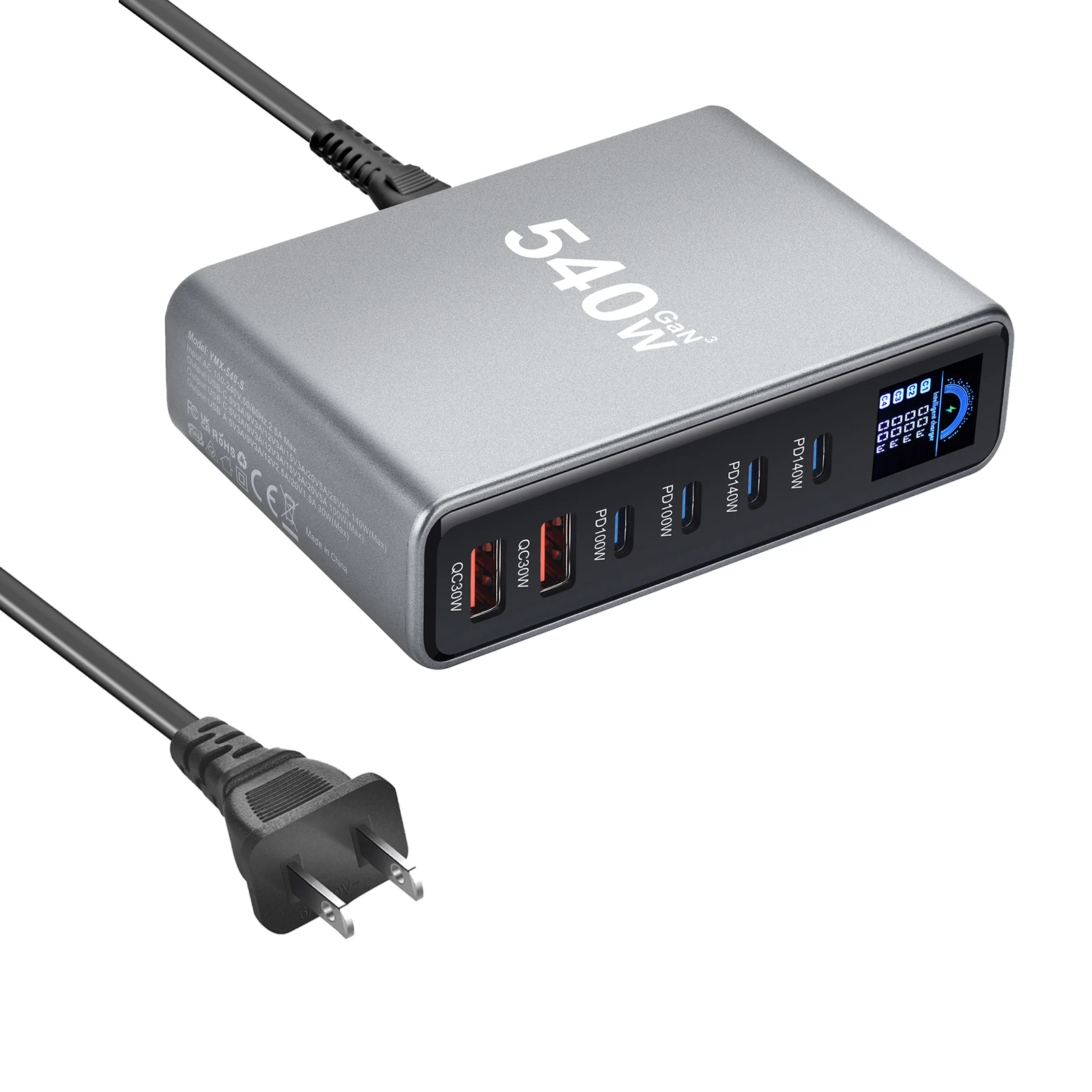 New 540W GaN Charger with Display Desktop 140W USB-C 6-Port Fast Charging Station Suitable for Phones Tablets Electronic Devices
