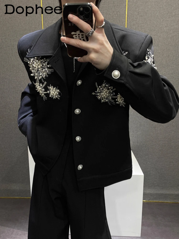 

Men's High-End Pearl Embroidery Lapel Jackets 2025 Autumn New Stylish Loose Comfort Jackets Male Trendy Long Sleeve Trendy Coats