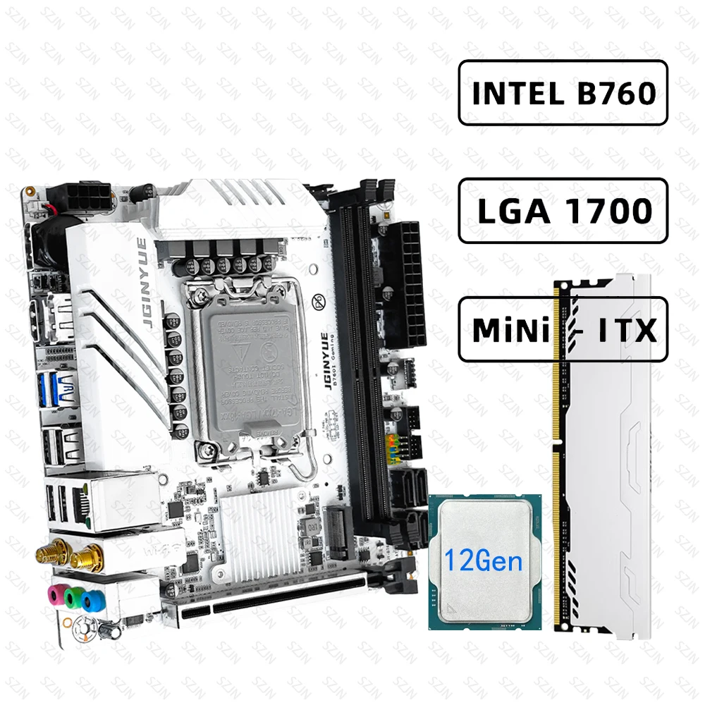 JGINYUE B760 ITX Motherboard Set LGA1700 Kit Support 12/13/14th Core 2*NVME M.2 4*SATA3.0 RGB-5V3Pin Mini PC Combo