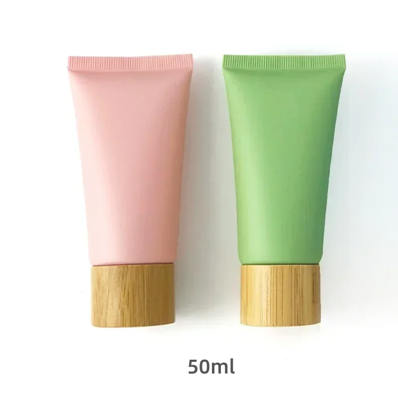 50ml 2Pcs Matte Pink Green Cream Bottles,Empty Squeeze Soft Tube Bamboo Screw Lid, Facial Lotion Cosmetic Containers Wholesale