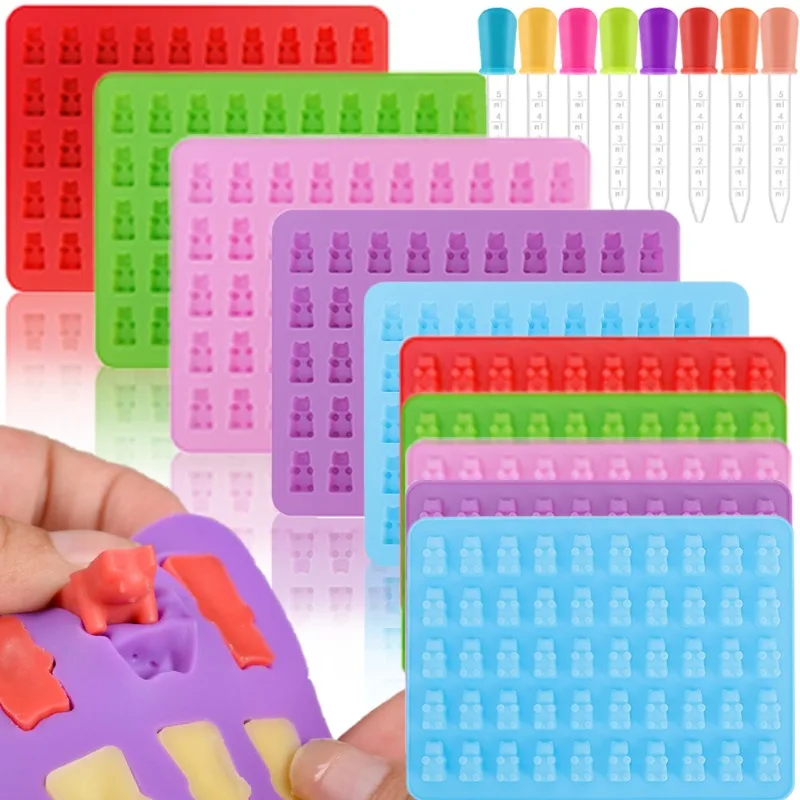 50-Cell Gummy Bear Mold Silicone Candy Chocolate Mold Baking Supplies DIY Fudge Chocolate Candy Making Molds with Dropper Pastry