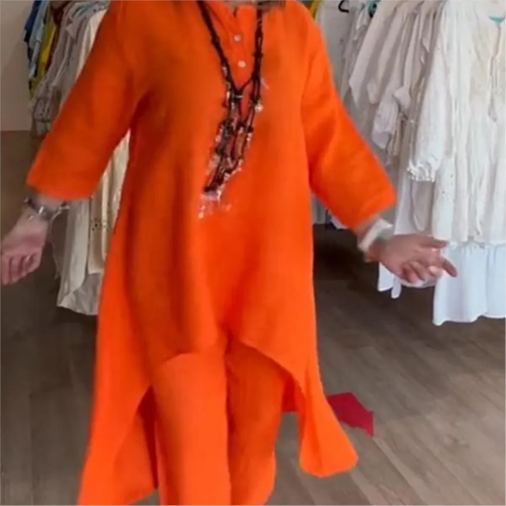 

Ladies Spring Irregular Long Shirt Long Pants Two-piece Set 2025 Summer New Solid Color Casual Long Sleeved Set For Women Suits