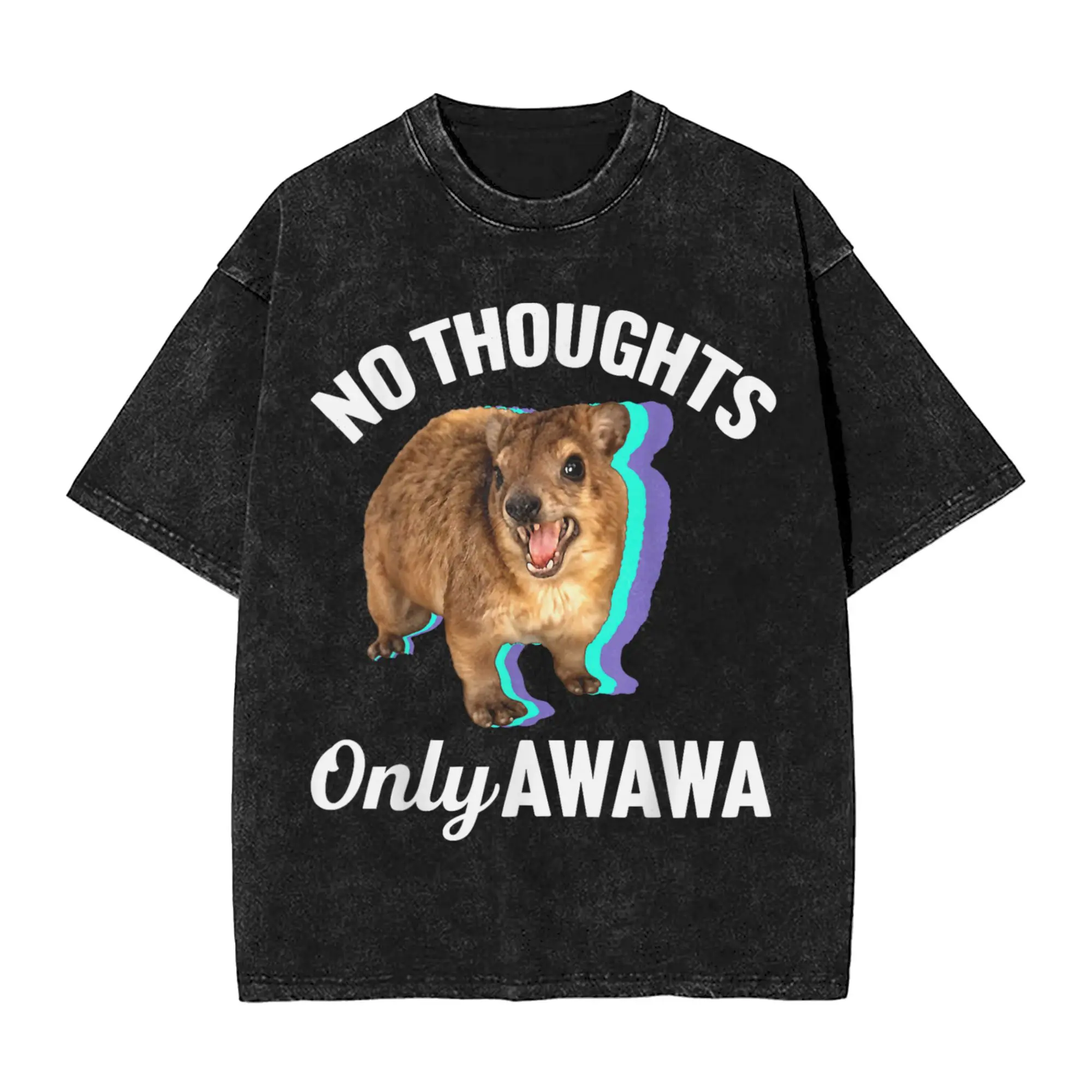 No Thoughts Only Awawa Men's T Shirt Washed Angry Screaming Hyrax Meme Tee Shirt Short Sleeve Crewneck Plus Size Tops