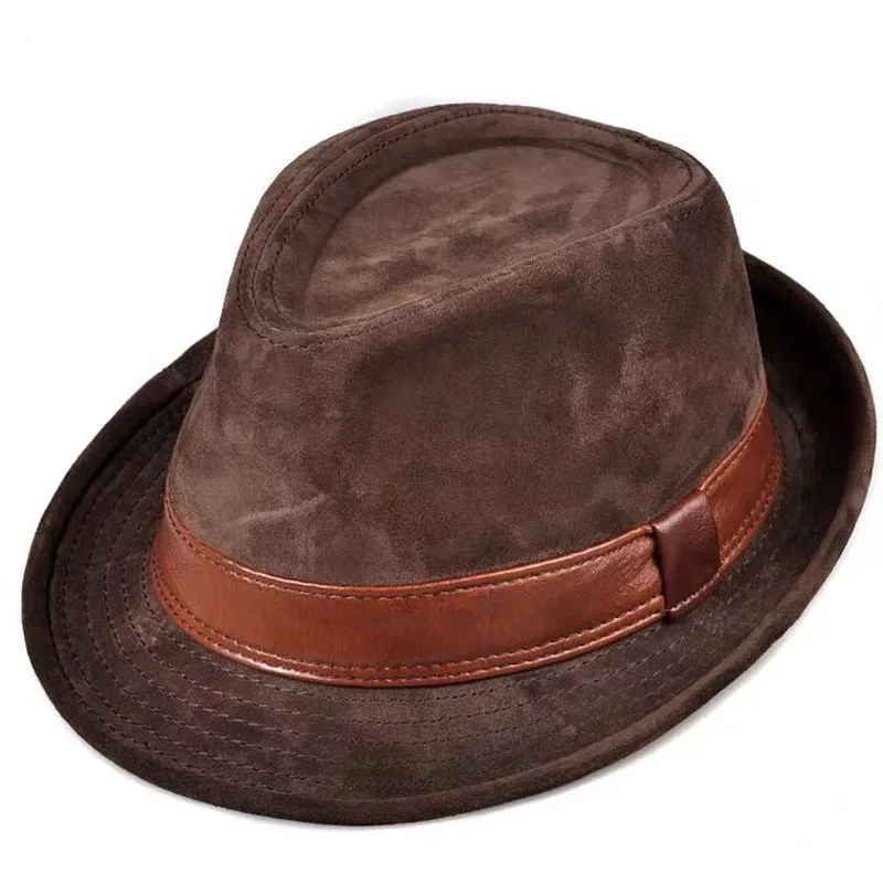 Autumn Genuine Leather Suede Brown/Black Top Hats For Men/Women British Gentlemen Wide Brim Stetson Fedoras 55-60cm Fitted