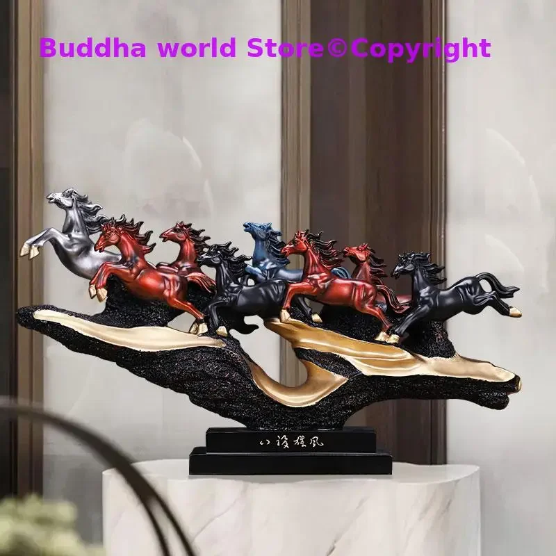 HOME OFFICE Company SHOP Efficacious thriving business Money Drawing Resin Success good luck 8 RUNNING HORSES FENG SHUI statue