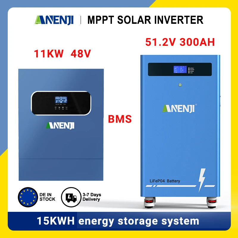 11KW 48V Hybrid Solar Off-Grid und Netzgekoppelter Wechselrichter Reiner Sinus-Wechselrichter + 51,2V 300AH Lithium-Eisenphosphat-Haushaltsbatterie