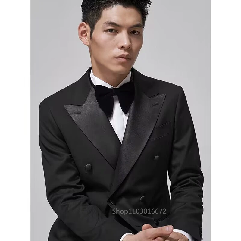 Classic Black Men Suits Slim Fit Peak Lapel Double Breasted Formal Wedding Groom Tuxedos 2 Piece Business Suits (Jacket+Pants)