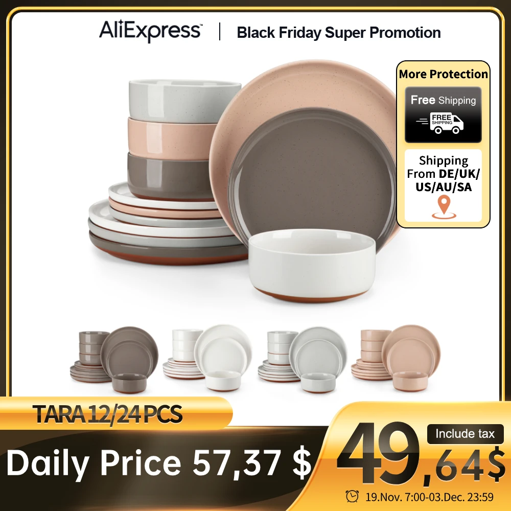 

MALACASA TARA 12/24 Pcs Dinnerware Set Curved Edge Sesame Glaze Stoneware Plates Set With 4/6pcs Dinner Plate/Dessert/Bowl