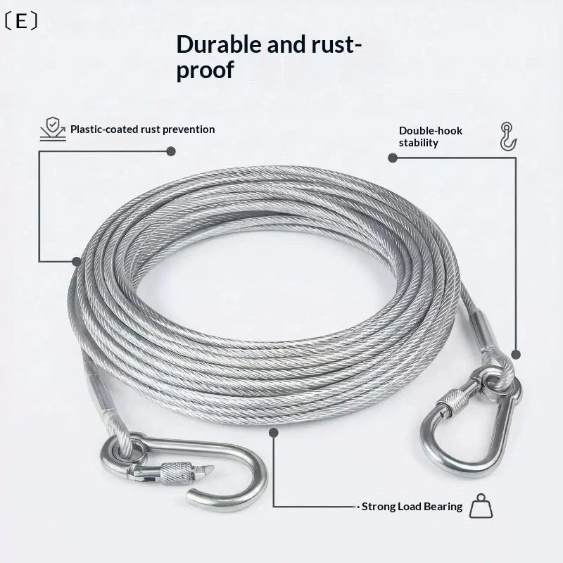 〔E〕Stainless Steel Wire Rope With Carabiner Hooks Heavy Duty Anti Rust Cable For Clothes Drying Pet Traction Outdoor Camping Use