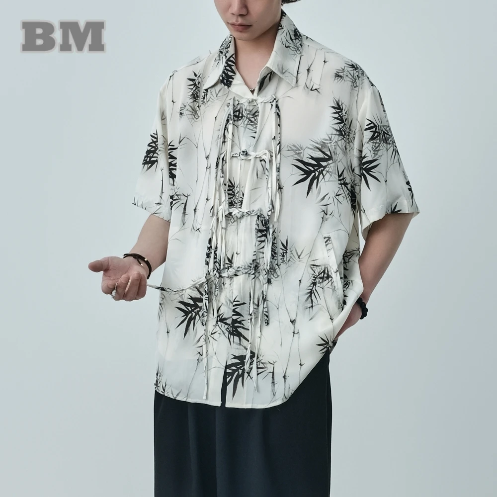 

Chinese Style Summer Ink Bamboo Print Loose Shirt Men Women Ethnic Style Vintage Tai Chi Kung Fu Short Sleeves High Quality Top