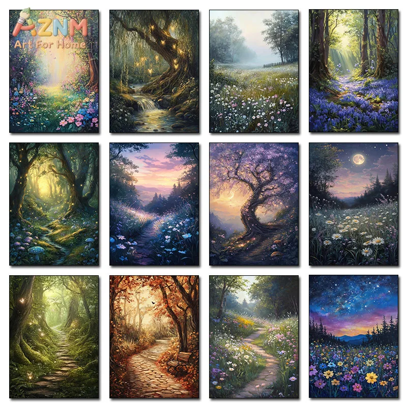 AZNM Magical Forest Canvas Wall Art Enchanted Tree Wildflower Stream Moonlight Fantasy Landscape Print Unframed Canvas Painting