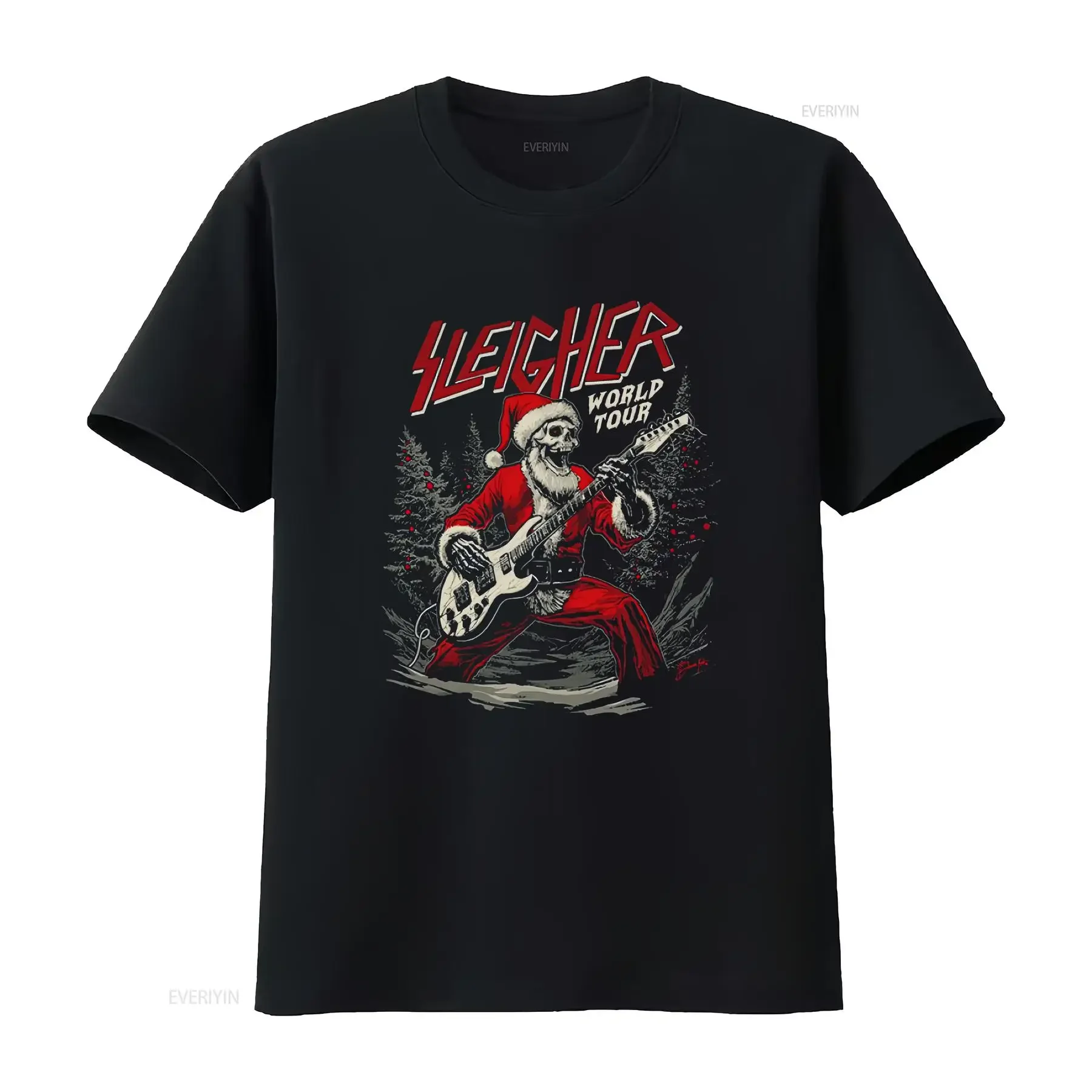 Sleigher World Tour T shirt Santa Skeleton Rock and Roll Christmas Men's vintage Washed Top For Everyday Wear Stylish graphic