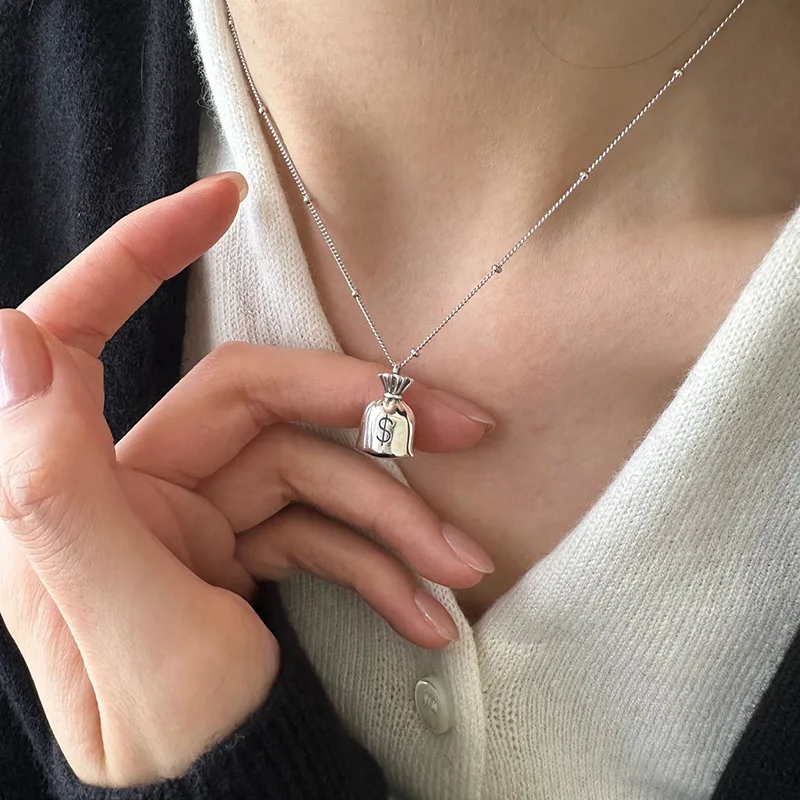 Creative Personality Sterling Silver Small Money Bag Pendant Necklace for Women Girls Round Bead Collarbone Chain Jewelry Gifts