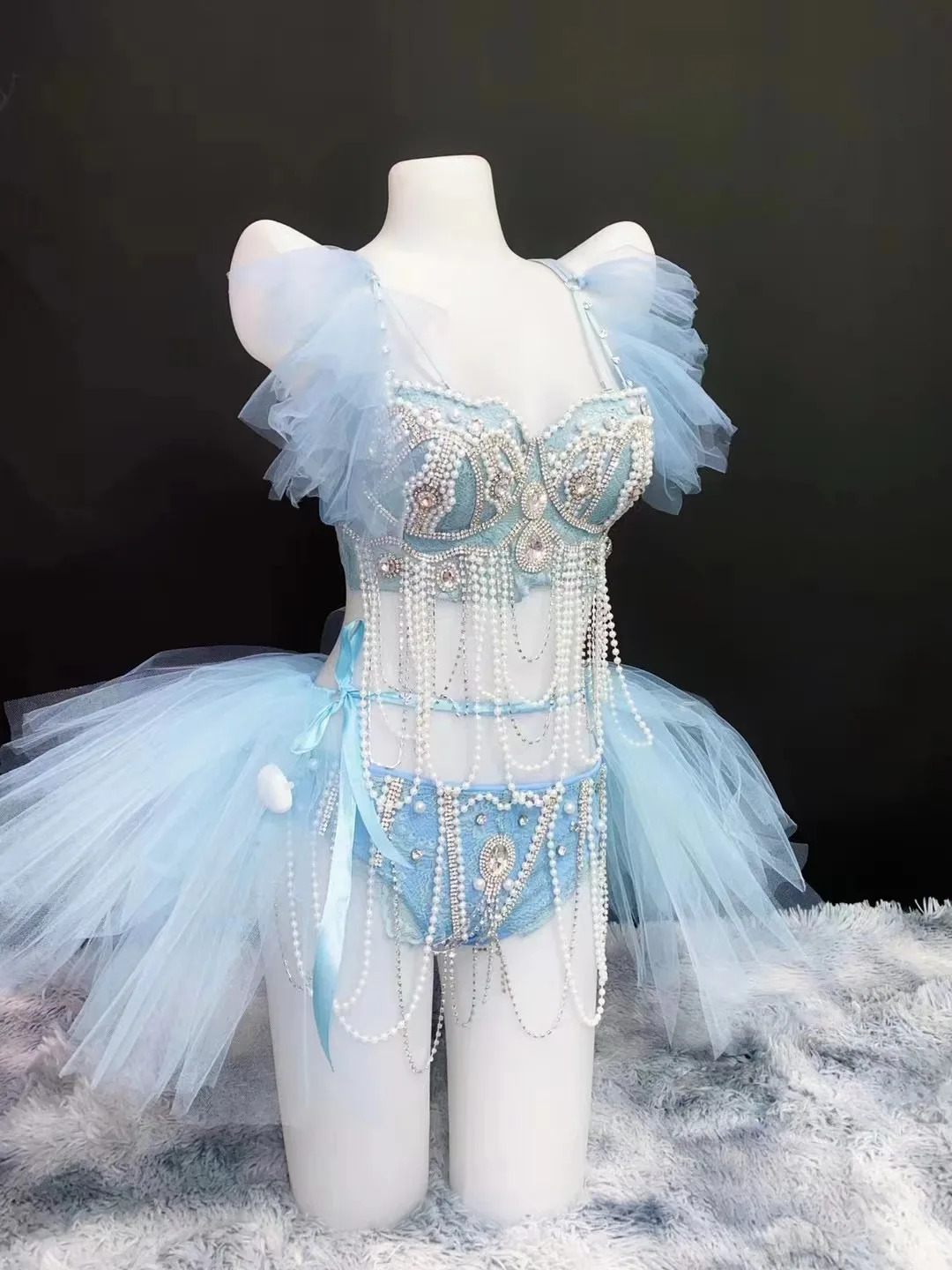 

Pole Dance Bikini Costume Bar Nightclub DJ Gogo Stage Wear Sky Blue Mesh Pearl Beading Bra Short Set Club Party Show Performance