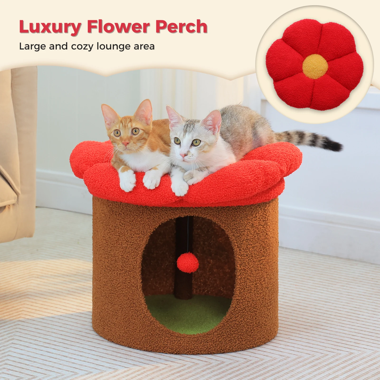 Cat Beds for Indoor Cats, Large Cat House with Removable Flower Cat Bed, Cute Cat Cave Cat Hideaway, Indoor Cat House Condo