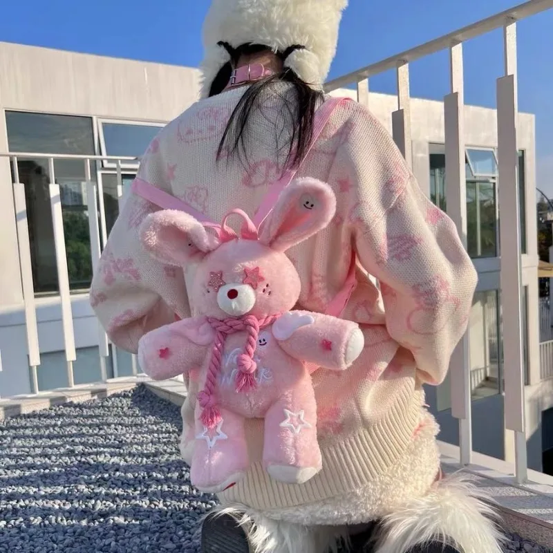 MBTI Original Y2k Womens Backpack Pink Plush Bunny Harajuku Fashion Sweet Doll Backpack Student 2024 Casual Cartoon Ladies Bag