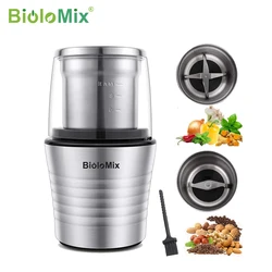 BioloMix 2-in-1 Wet and Dry Double Cups 300W Electric Spices and Coffee Bean Grinder Stainless Steel Body and Miller Blades