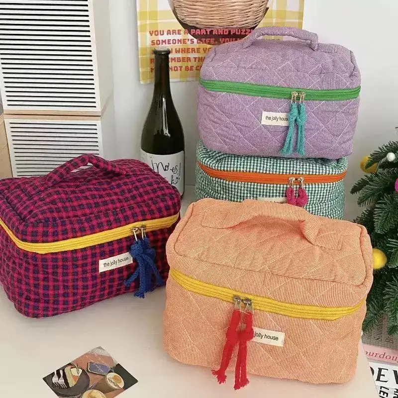Ladies' Color Blocking Checkered Makeup Bag Women's Ins Large Capacity Makeup Brush Storage Bag Skincare Toiletry Wash Case
