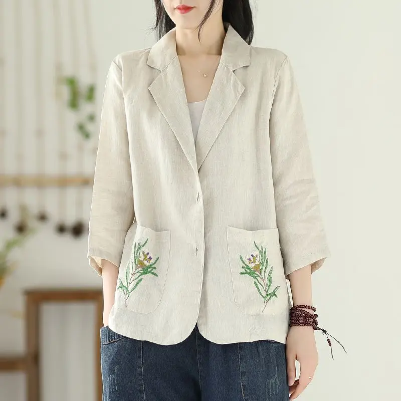 Solid Color Cotton Linen Blazer Embroidered Suit Coat Relaxed Casual 3/4 Length Sleeve Suit Top Summer Sun Protection Top Women